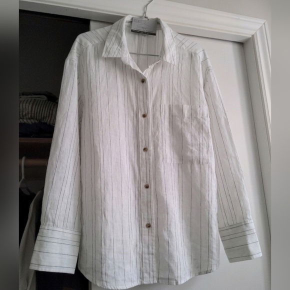 Mango Tops - Mango White Vertical-Stripe Casual Button-Down Shirt